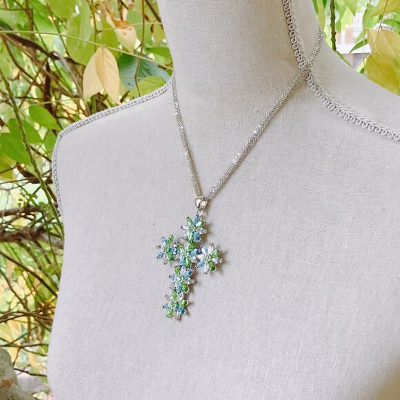 Vintage Large Silver Tone Floral Rhinestone Cross Pendant Necklace Blue Green - Picture 2 of 11
